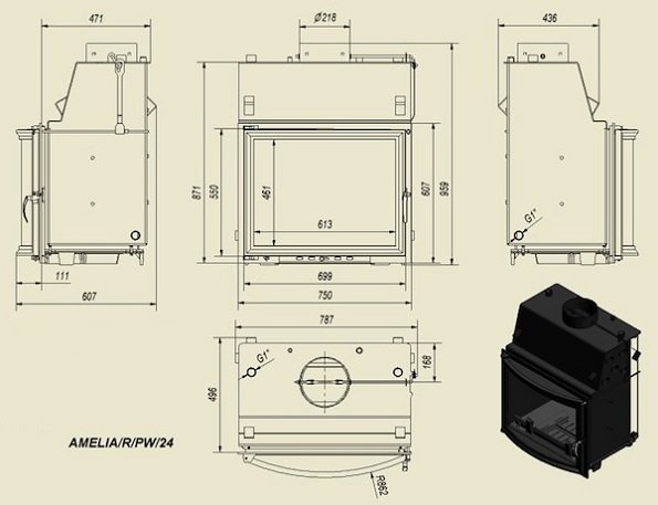 Топка с водяным контуром AMELIA/R/PW/24, панорамное стекло_1 Топка с водяным контуром AMELIA/R/PW/24, панорамное стекло_1